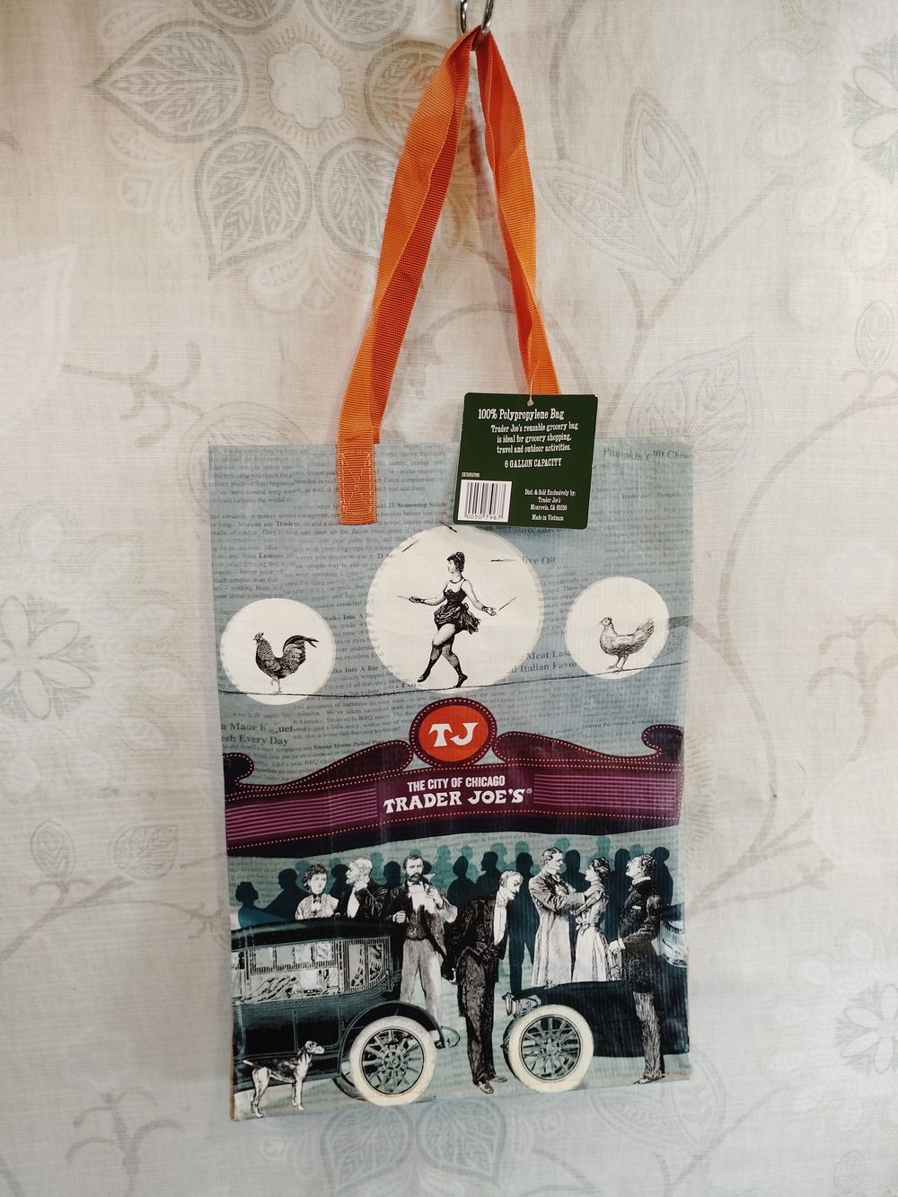 #1 Trader Joe's Green &Teal Chicago Print Reusable Shoulder Bag w/Orange Handles